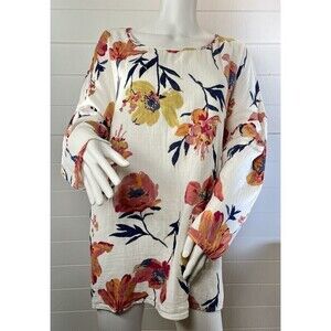 Coldwater Creek 1X Top Multi Floral Beach Womens Slub Knit Lagenlook Long Sleeve